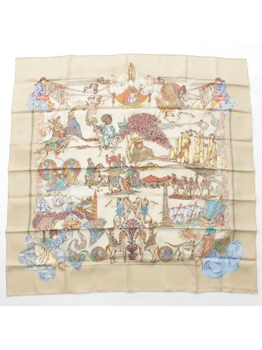 Hermes Carre 90 Au Fil de la Soil Silk Scarf Beige